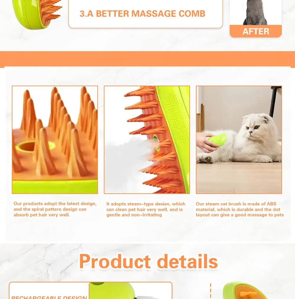 Electric Steamy Pet Brush – 3-in-1 Grooming Tool For Cat and Dog