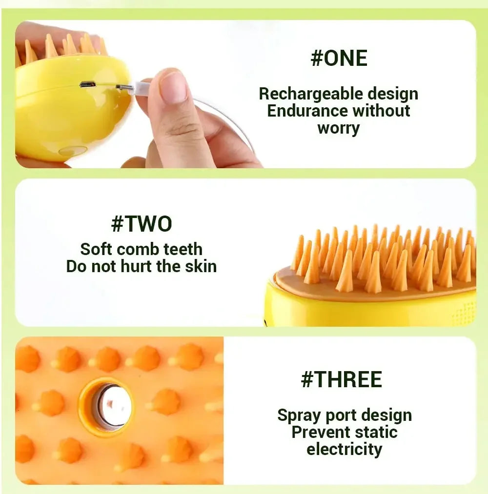 Electric Steamy Pet Brush – 3-in-1 Grooming Tool For Cat and Dog