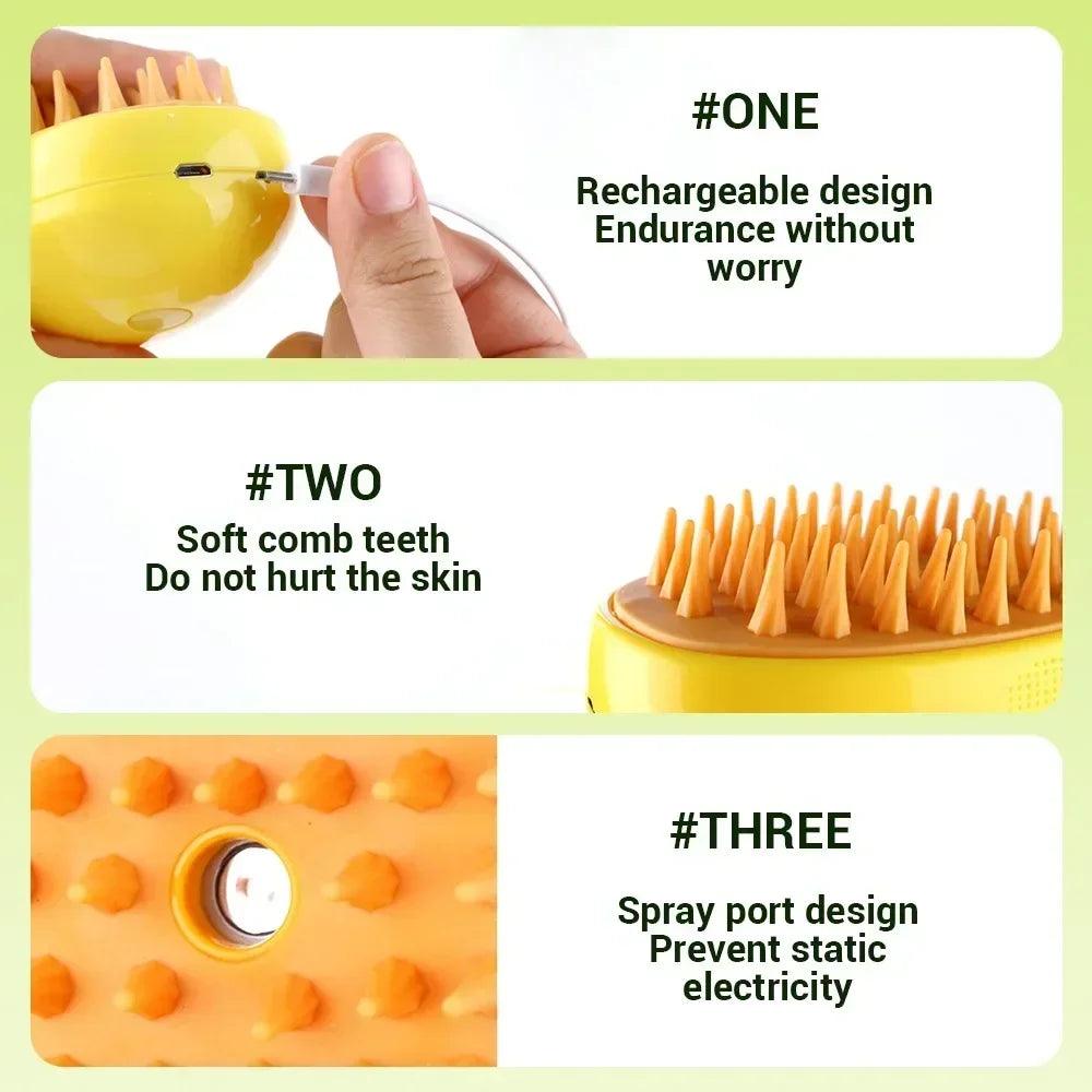 Electric Steamy Pet Brush – 3-in-1 Grooming Tool For Cat and Dog