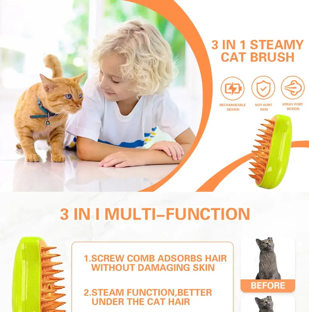 Electric Steamy Pet Brush – 3-in-1 Grooming Tool For Cat and Dog