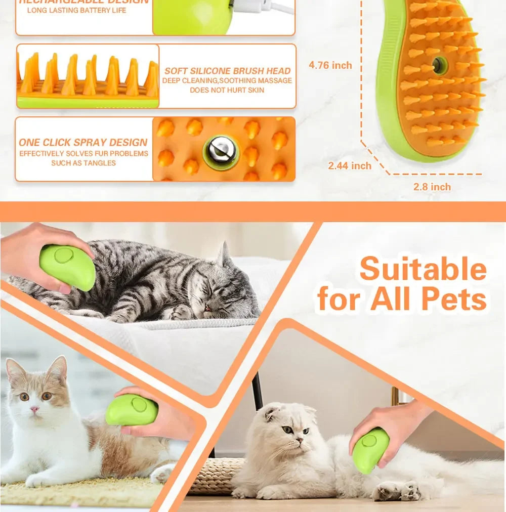 Electric Steamy Pet Brush – 3-in-1 Grooming Tool For Cat and Dog